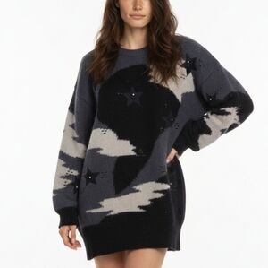 Escada Vintage 80" Navy Gray Mohair Knit Stars Applique Long Sweater L (Box2)